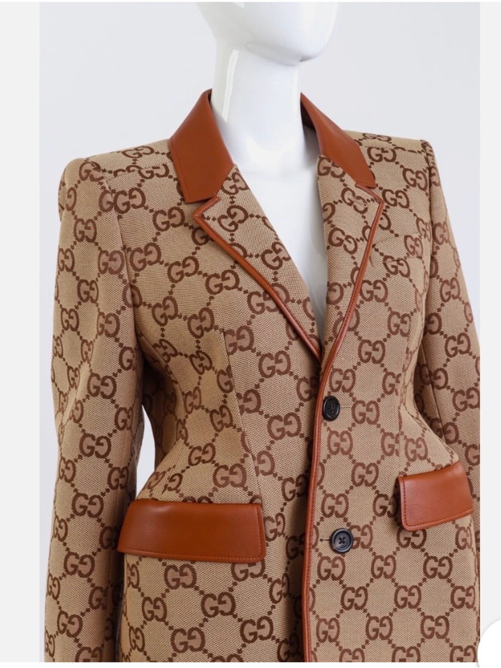 Gucci Tan and Brown GG Monogram Blazer with Brown Leather Trim